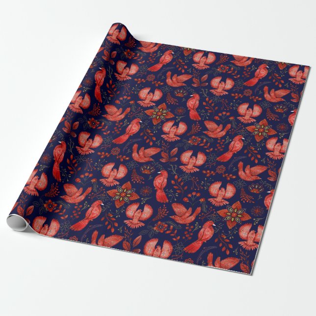 Elegant Pattern Of Red Birds, Plants On Blue Wrapping Paper (Unrolled)