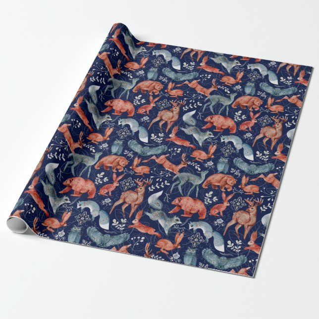 Elegant Pattern Of Wild Forest Animals On Blue Wrapping Paper (Unrolled)