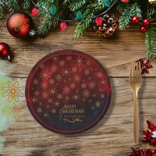 Elegant Pattern RED GOLD Merry Christmas Paper Plate