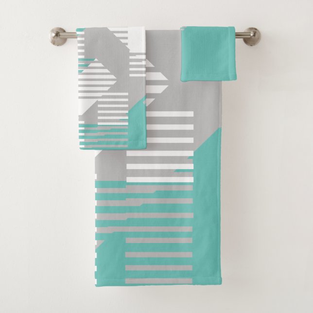 Elegant Pattern Teal Grey White Abstract Geometric Bath Towel Set (Insitu)