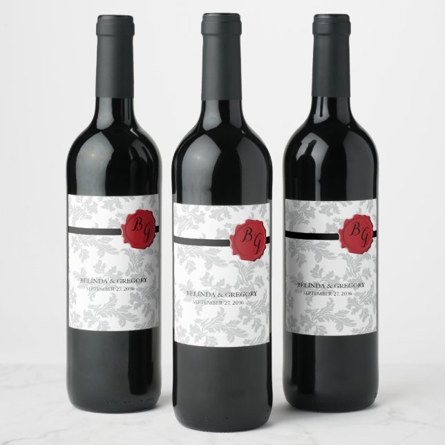 Elegant Pattern & Wax Seal Wedding  Wine Label (Bottles)