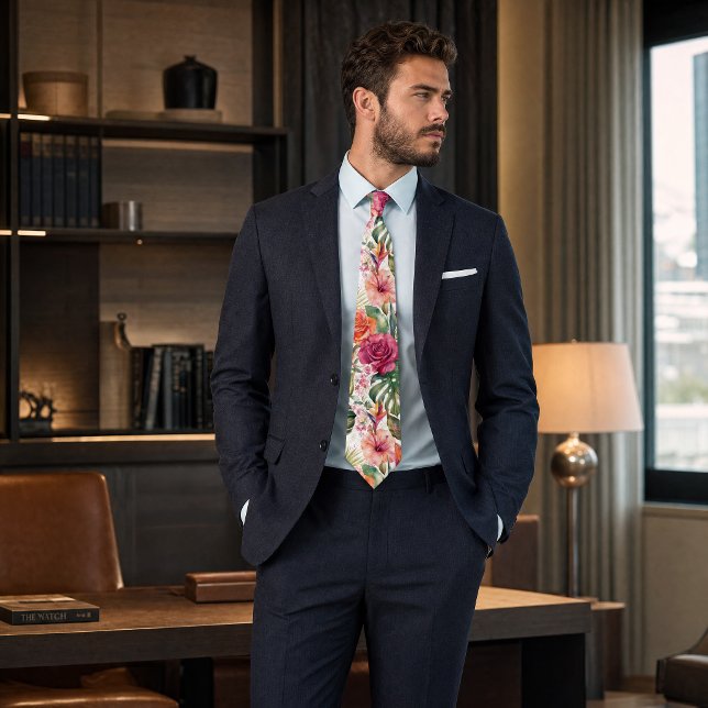 Elegant Patterned Tie – Luxury Modern Geometric (Tropical Floral Colorful | Hibiscus & Greener Neck Tie)