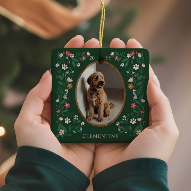 Elegant Paw Print & Floral Pet Photos Christmas Ceramic Ornament (Elegant Paw Print & Floral Pet Photos Christmas Ceramic Ornament)