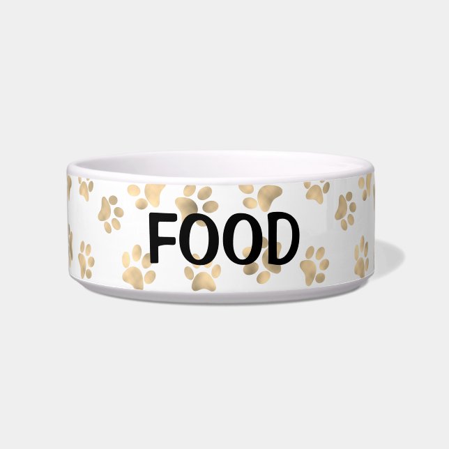 Elegant Paw Print White & Gold Food Cat Or Dog Bowl (Front)