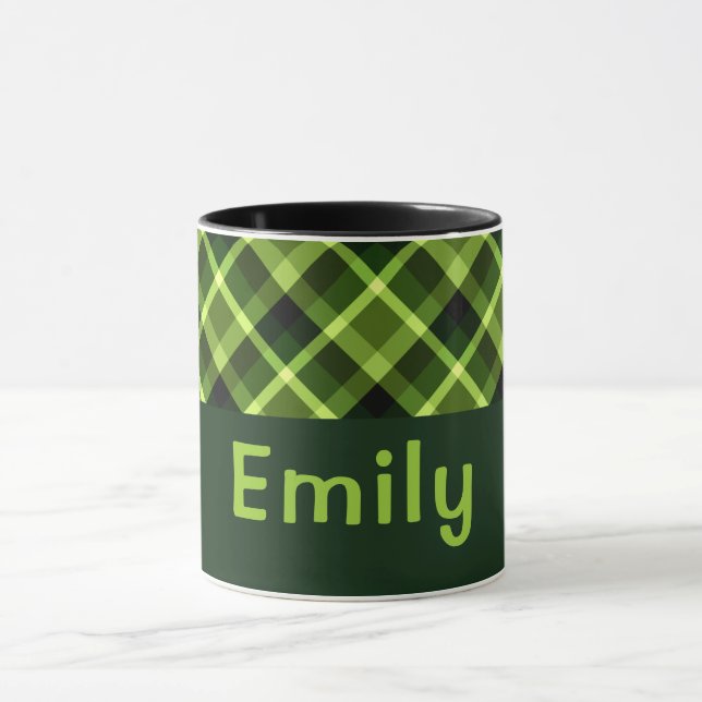 Elegant Pea Green Plaid Monogram 11 oz Mug (Center)