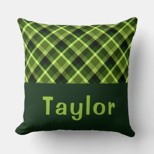Elegant Pea Green Plaid Monogram Big Throw Pillow