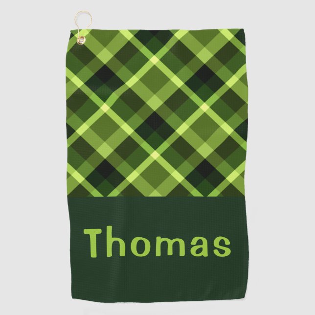 Elegant Pea Green Plaid Monogram Golf Towel (Front)