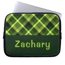 Elegant Pea Green Plaid Monogram Laptop Sleeve