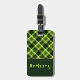 Elegant Pea Green Plaid Monogram Luggage Tag