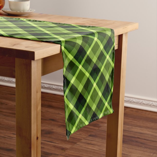 Elegant Pea Green Plaid Print Medium Table Runner (In Situ)
