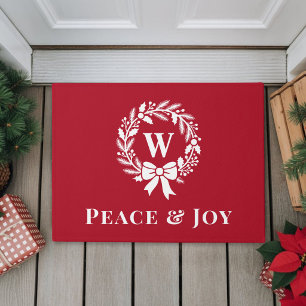 Elegant Peace And Joy Monogram Red Christmas Doormat