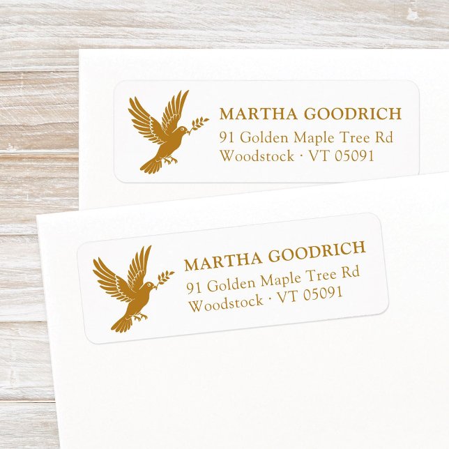 Elegant Peace Dove Gold Christmas Return Address (Stylish, elegant Peace Dove Christmas return address label template in antique gold. Peace on Earth.)