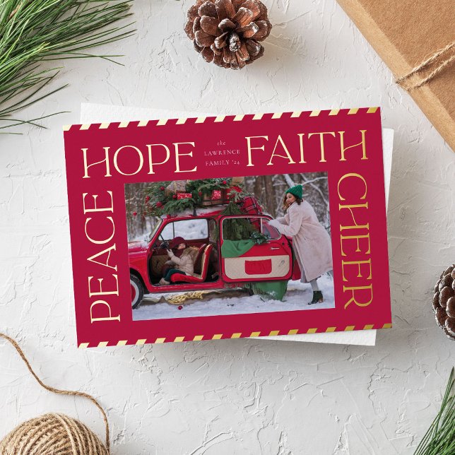 Elegant Peace Hope Faith Cheer Christmas Photo (Red and gold foil Christmas photo card with elegant typography)