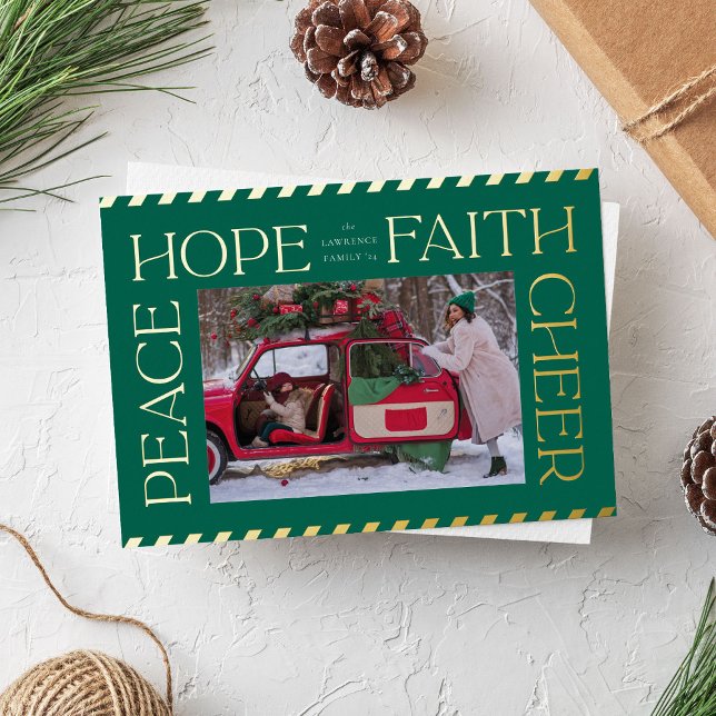 Elegant Peace Hope Faith Cheer Christmas Photo (Green and gold foil Christmas photo card with elegant typography)