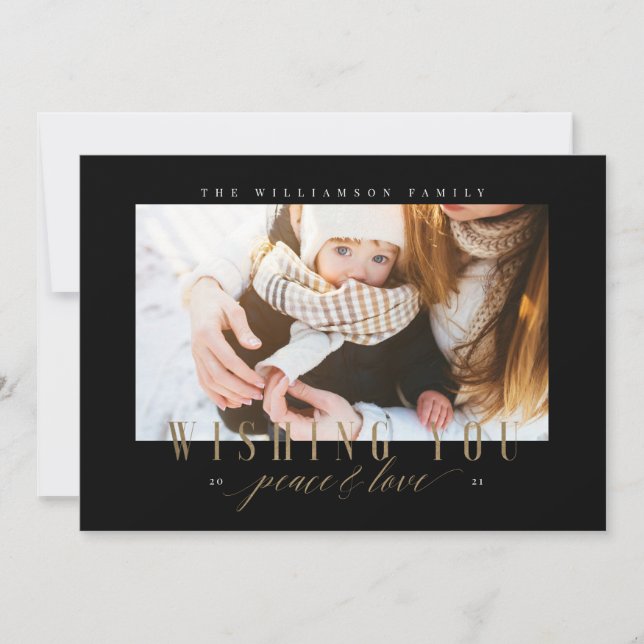 Elegant Peace & Love Gold Typography Photo Holiday Card (Front)