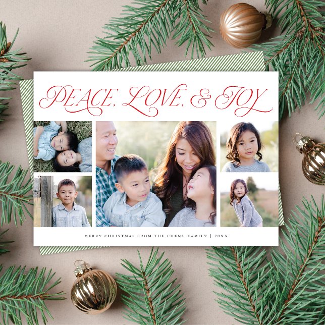 Elegant Peace Love Joy Holiday  5-Photo Card (Creator Uploaded)