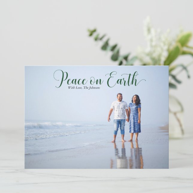 Elegant Peace on Earth Holiday Photo Dark Green Card (Standing Front)