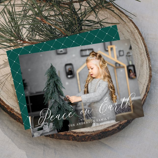 Elegant Peace On Earth Script Spruce Green Photo Holiday Card (Creator Uploaded)