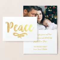 Elegant Peace Script Christmas Photo Gold