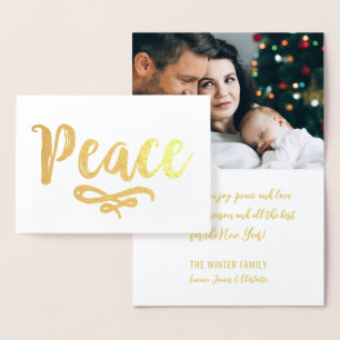 Elegant Peace Script Christmas Photo Gold Foil Card