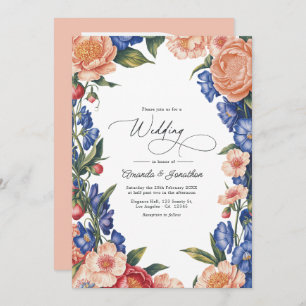 Elegant Peach and Blue Floral Wedding QR Code Invitation