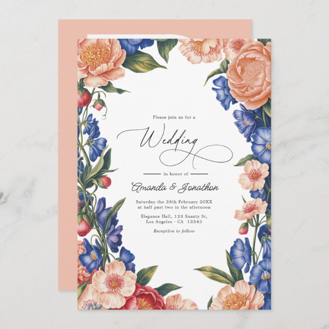 Elegant Peach and Blue Floral Wedding QR Code Invitation (Front/Back)