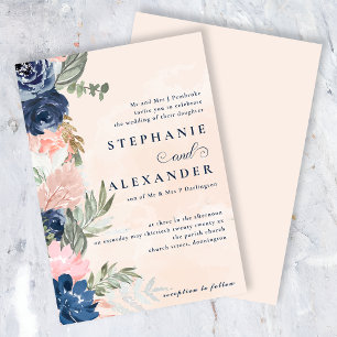 Elegant Peach and Blue Flower Formal Wedding Invitation