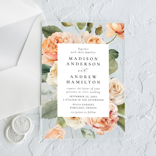 Elegant Peach and Cream Rose Wedding Acrylic Invitations (Creator Uploaded)