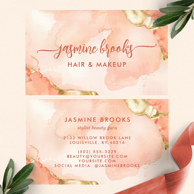 Elegant Peach And Gold Chic Watercolor Business Card (Creator Uploaded)