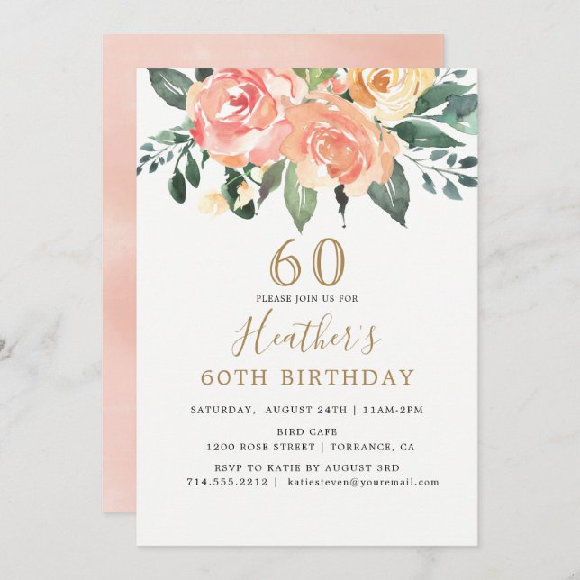 Elegant Peach and Gold Floral 60th Birthday Invitation (Front/Back)