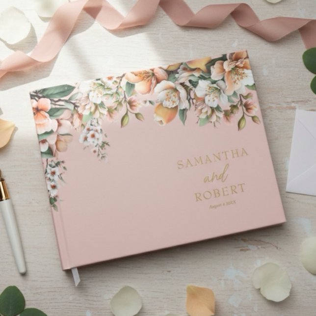 Elegant Peach and Gold Floral Wedding Guest Book (Creator Uploaded)