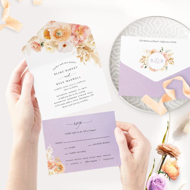 Elegant Peach and Purple Floral Wedding with RSVP  All In One Invitation (Creator Uploaded)