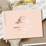 Elegant Peach and Real Foil Monogram Wedding Guest Book<br><div class="desc">Personalise this elegant monogrammed wedding guestbook featuring real gold, silver, or rose gold foil on exquisite monogram and front, spine, and back text. Peach cover background colour in a luxurious velvety-soft texture, and beautiful modern calligraphy details in a clean, minimal, and sleek style. Three size options with three inside paper-type...</div>
