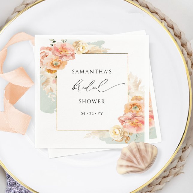 Elegant Peach and Sage Floral Bridal Shower Napkin (Creator Uploaded)