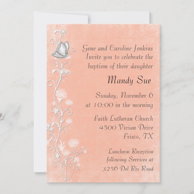 Elegant Peach and White Baptism Invitation (Front)