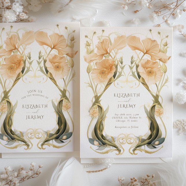 Elegant Peach Apricot Art Nouveau Wedding Invitation (Creator Uploaded)