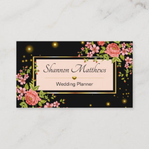 Elegant Peach & Black Floral Rose Wedding Planner Business Card