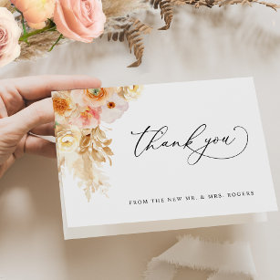 Elegant Peach Blush and Champagne Floral Wedding Thank You Card