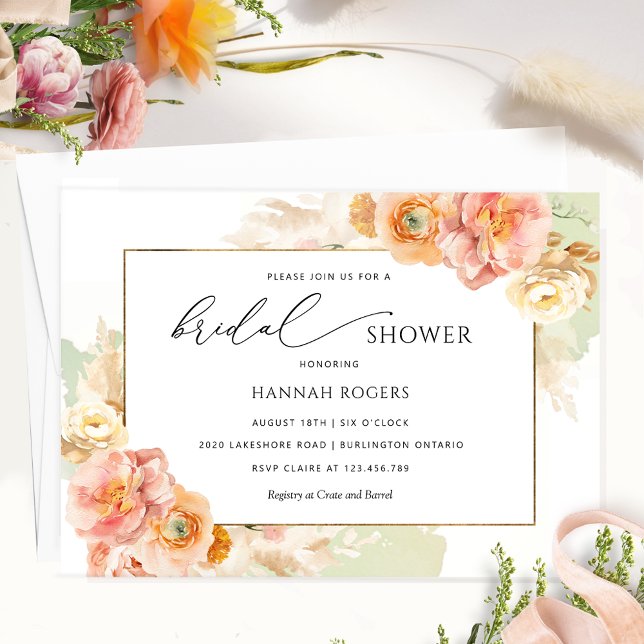 Elegant Peach, Blush and Green Bridal Shower Invitation (Creator Uploaded)