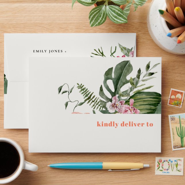 Elegant Peach Blush Boho Tropical Floral Wedding Envelope (Desk)