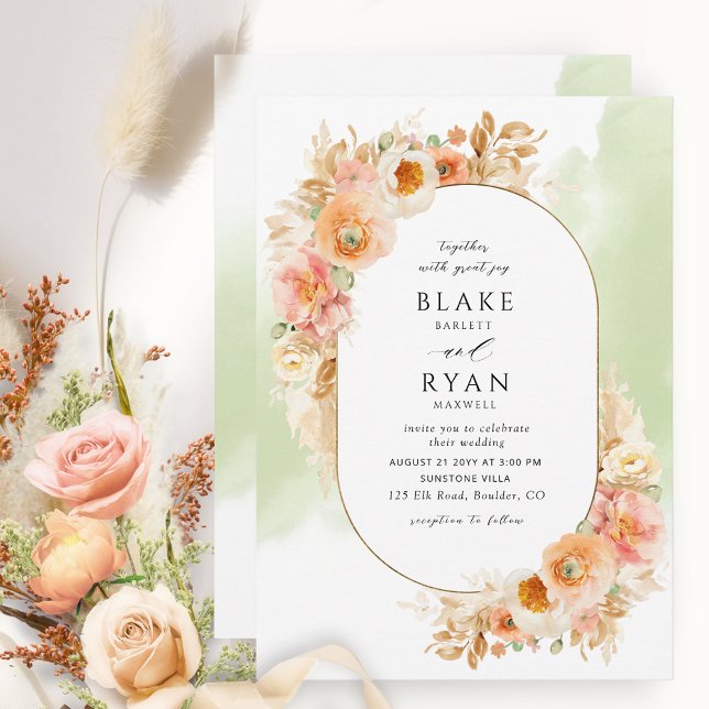 Elegant Peach Blush Cream and Green Oval Wedding Invitation (Creator Uploaded)