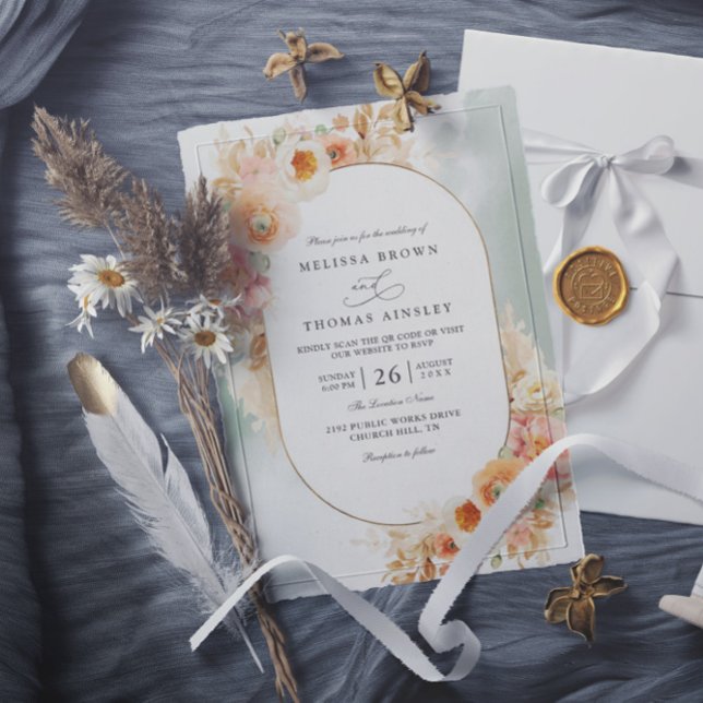 Elegant Peach Blush Cream Sage QR Code Wedding Invitation (Creator Uploaded)