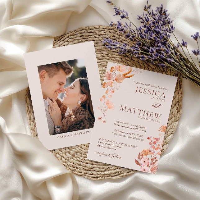 Elegant Peach Boho Style Floral Photo Invitation (Creator Uploaded)