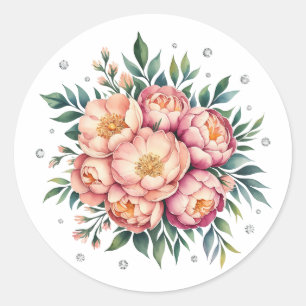 Elegant Peach Bouquet with Diamonds Wedding Classic Round Sticker