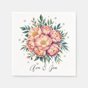 Elegant Peach Bouquet with Diamonds Wedding Napkin