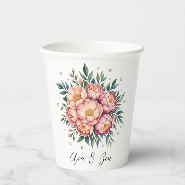 Elegant Peach Bouquet with Diamonds Wedding Paper Cups (Front)