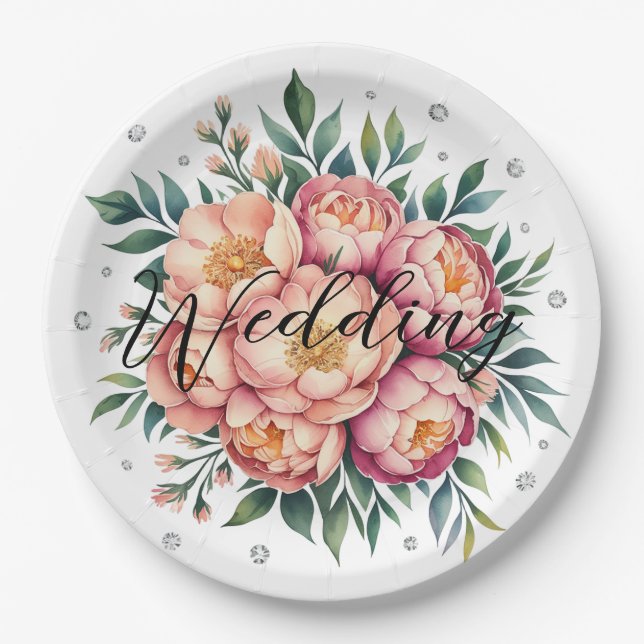 Elegant Peach Bouquet with Diamonds Wedding Paper Plate (Front)
