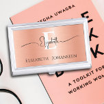 Elegant Peach Brushed Metal Script Monogrammed Business Card Holder<br><div class="desc">Make a lasting impression with our Elegant Peach Brushed Metal Script Monogrammed Business Card Case! This sophisticated business card case features a chic peach fuzz brushed metal background, highlighted by a bold white monogram and elegant black script name. Personalise it with your full name in refined black typography for a...</div>