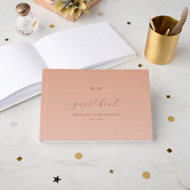 Elegant Peach Calligraphy Guest Book (Front Open)