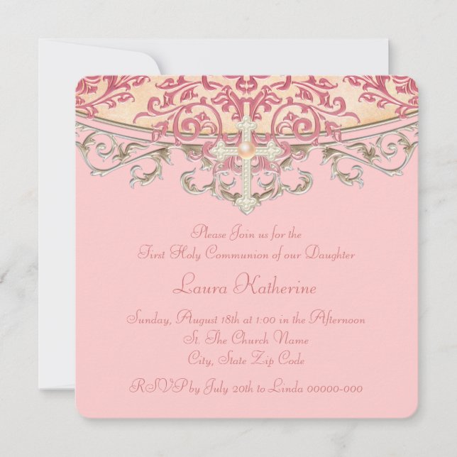 Elegant Peach Coral First Communion Invitation (Front)